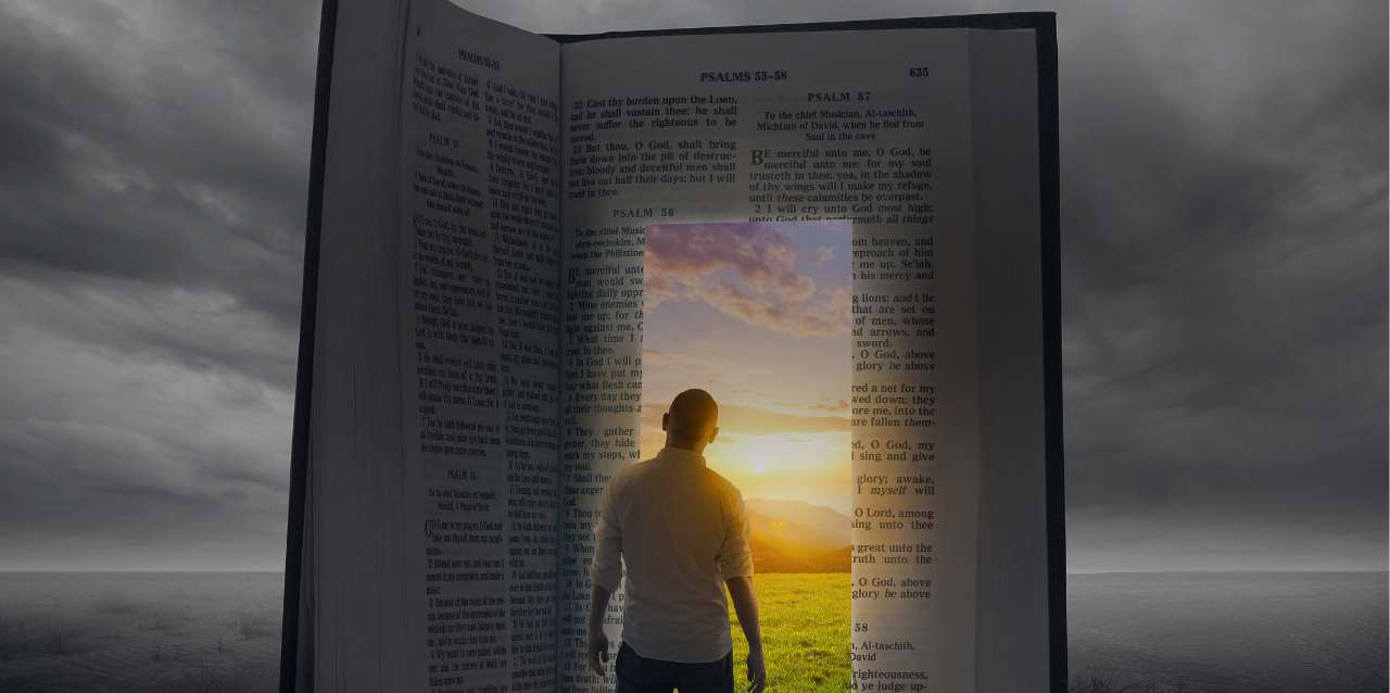 silhouette of a man stepping through a bible page into a beautiful field