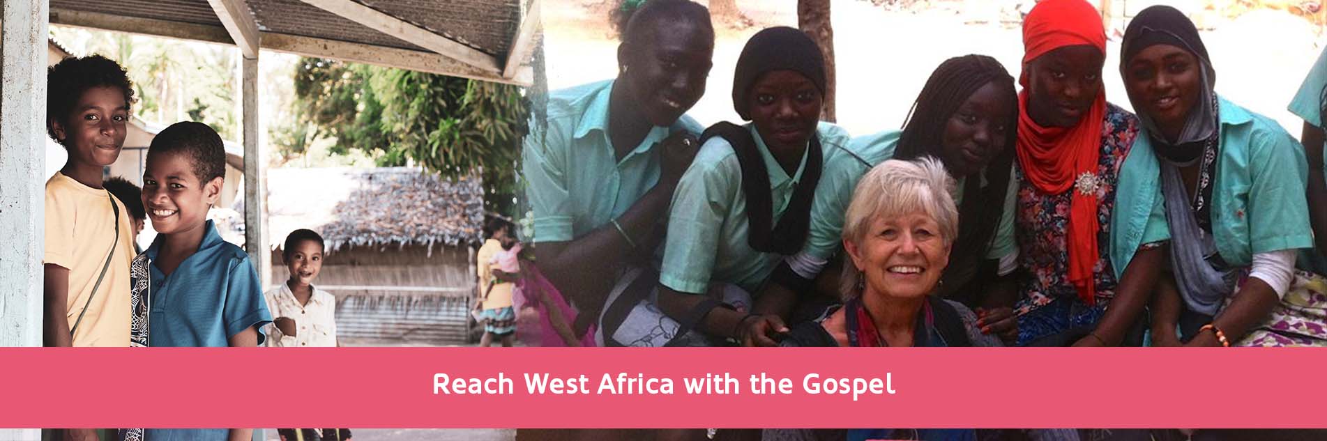 Photo Banner of a group of girls and Judy Bowler smiling (right), and three boys smiling at the camera (left), with a headline of "Reach West Africa with the gospel."