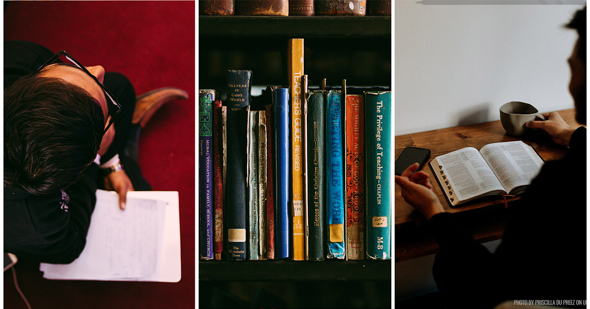 Project Page banner Left: photo of a man sitting with a paper. Middle: photo of bibles on a shelf. Right: photo of a man reading his bible at a desk.