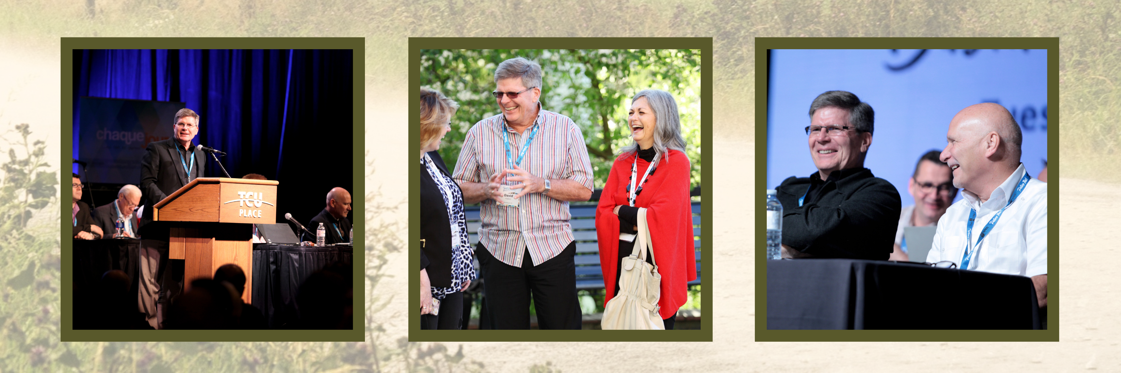 Three photos from General Conference 2016 and 2018. David stand at the podium speaking (2018). David outside laughing with wife Stacey (2016). David seated with Murray listening and smiling (2018).