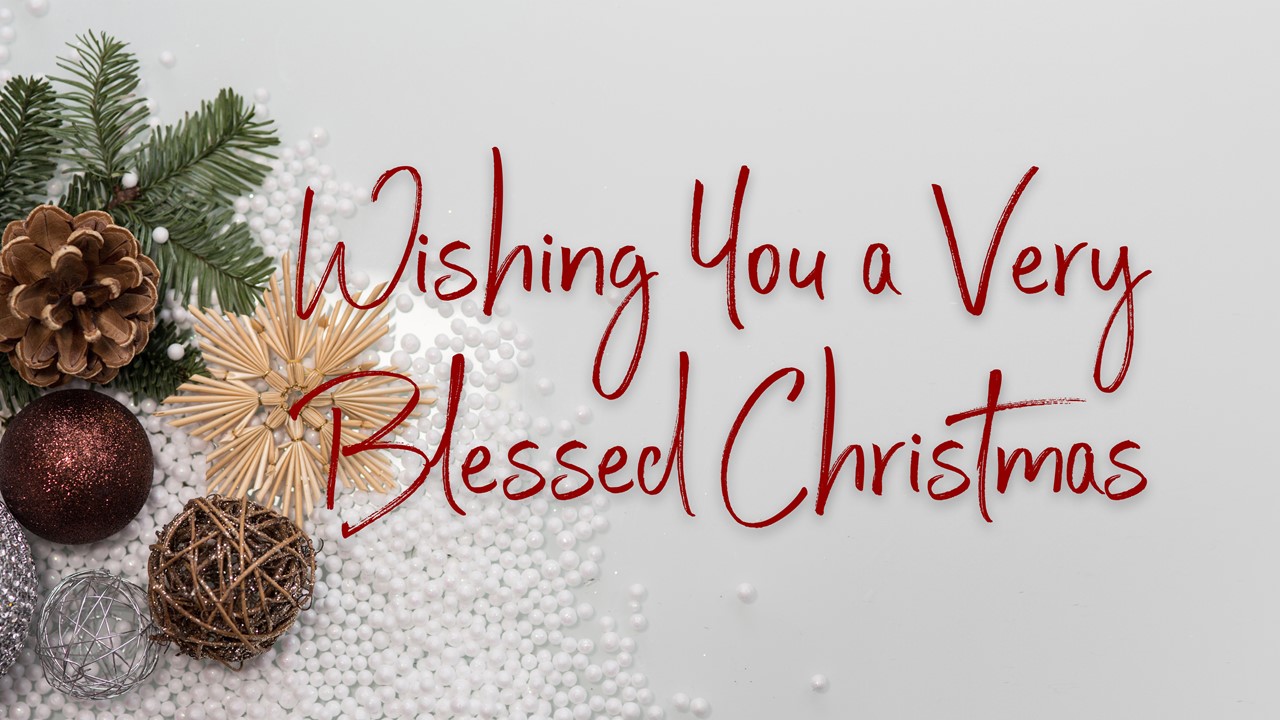 Stock photo of minimalist Christmas greenery/decor with the words "Wishing You A Very Blessed Christmas" displayed