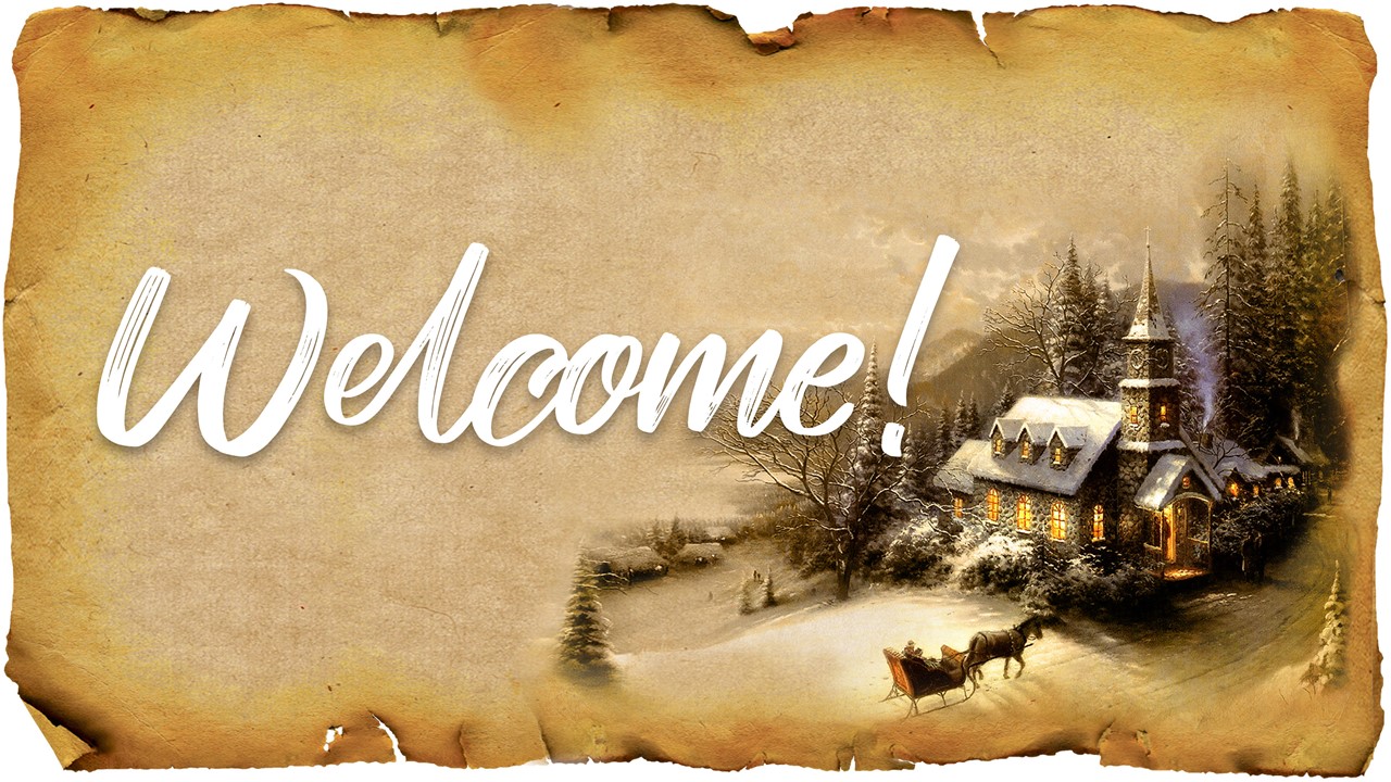 Graphic of rough-edged Christmas paper with the words "Welcome" displayed
