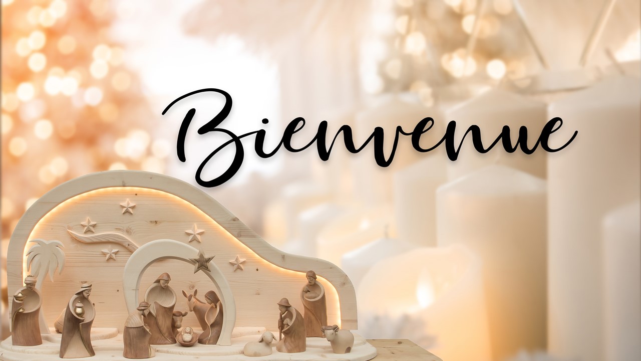 Stock image of a Nativity scene made of wooden figures, with the words "Join Us For" displayed