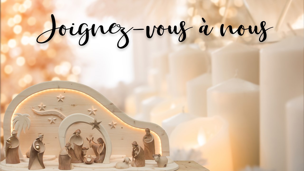 Stock image of a Nativity scene made of wooden figures, with the words "Join Us For" displayed