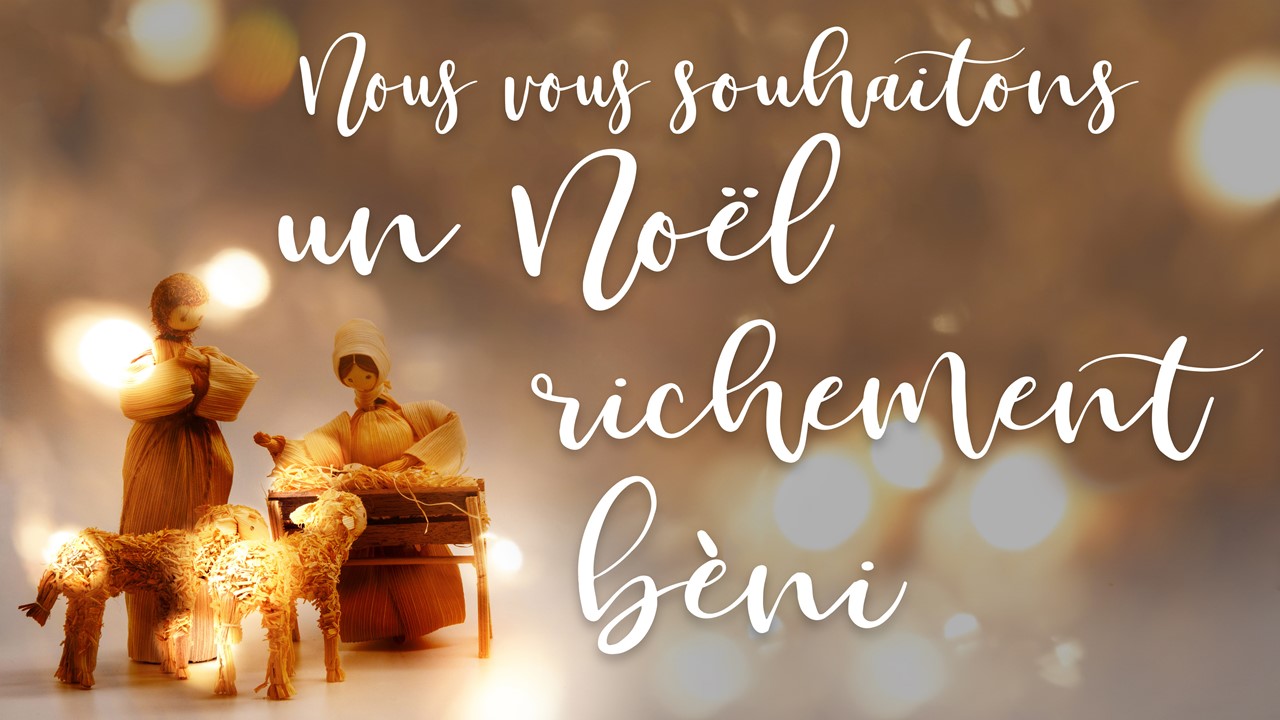 Stock image of a Nativity scene made with corn husk dolls, with the words "Join Us For" displayed