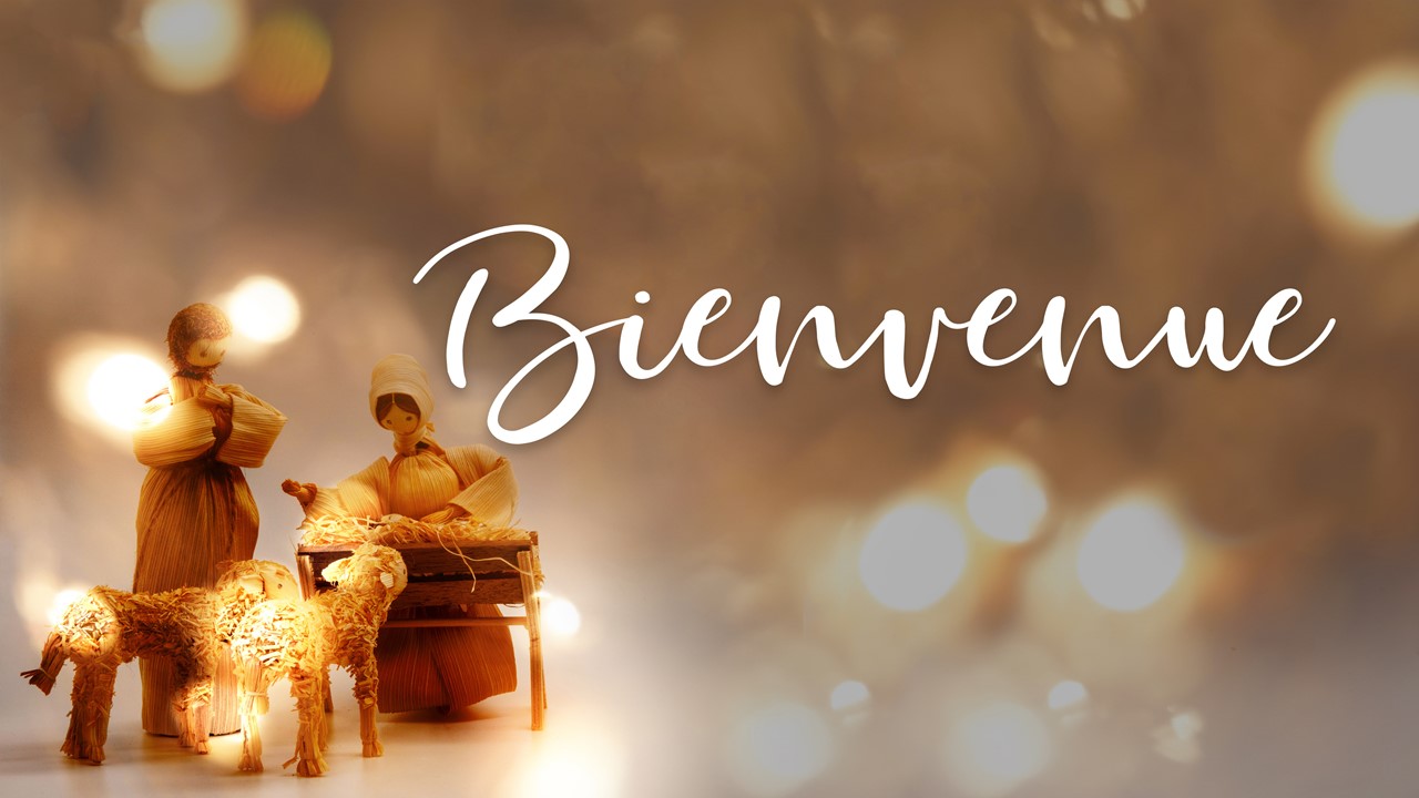 Stock image of a Nativity scene made with corn husk dolls, with the words "Join Us For" displayed