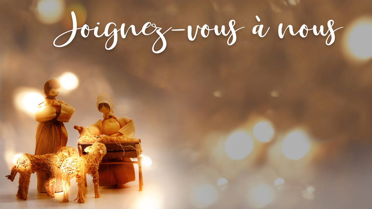 Stock image of a Nativity scene made with corn husk dolls, with the words "Join Us For" displayed